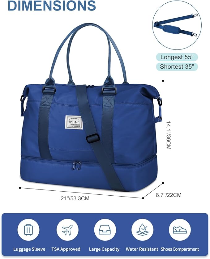 BAGAIL Travel Duffel Bag, Weekender Bags for Women, Overnight Gym Carry On Tote Bag with Wet Pocket, Hospital Mom Bag for Labor and Delivery - Extra Large, Navy Blue