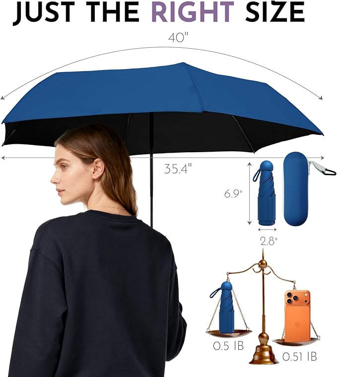 Travel Mini Umbrella Compact Small & Lightweight, UV Rain Protection, Pocket-Sized Folding Umbrellas with Quickdraw & Case for Men Women & Kids Backpack