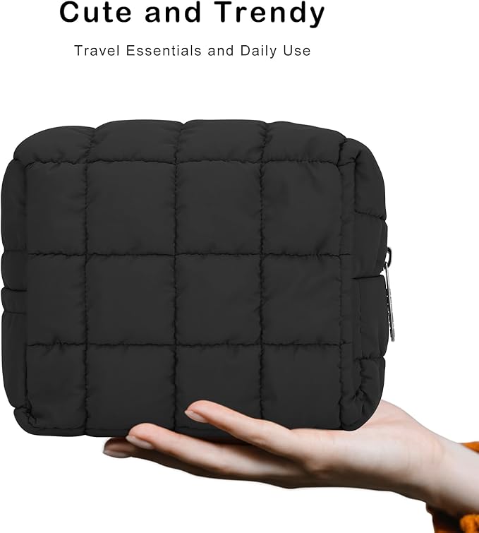 E-Tree Cute Makeup Bag,Quilted Cosmetic Bag,Make up Pouch for Purse,Toiletry Zipper Pouch,Checkered Bag,Travel Case,Storage Pouches for Organization (Black)