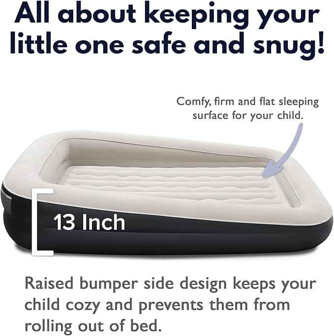 King Koil Luxury Inflatable Toddler Travel Bed with Built-in Safety Bumper, Portable Air Mattress Airbed for Kids Travel, Includes High-Speed Pump - Black