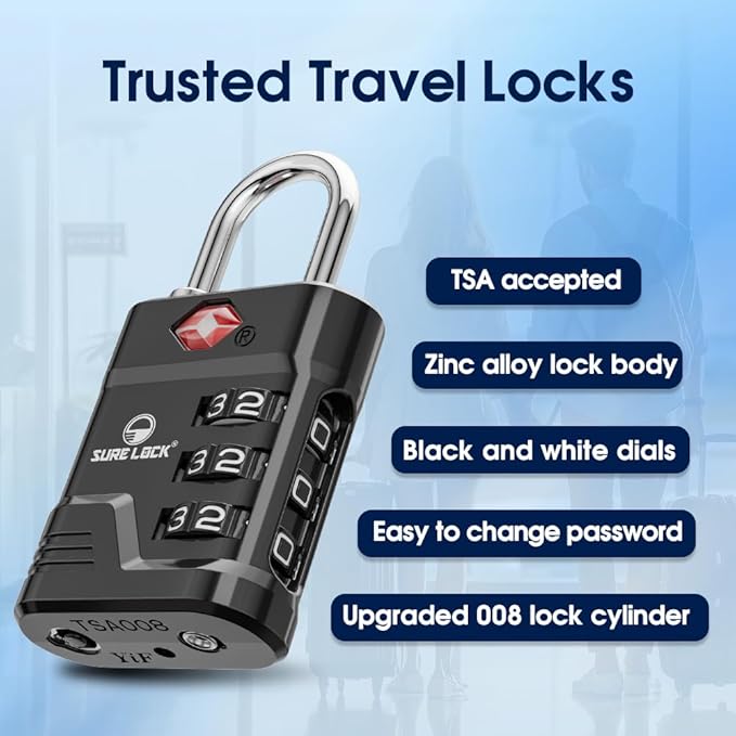 SURE LOCK TSA Approved Luggage Lock – 3-Digit Resettable Combination Padlock with Open Alert Red Dot, Large Easy-Read Dials for Suitcases, Backpacks, Gym & School Lockers(Black 6 pk)