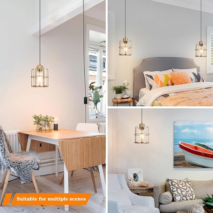 Modern Industrial Plug-in Hanging Pendant Light, Clear Glass Shade Hanging Lamp with Plug in Cord, Gold Cage Plug in Hanging Lights Fixtures for Kitchen Island, Living Dining Room, Bar, Hallway