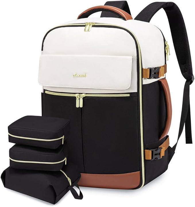 LOVEVOOK Travel Backpack for Women, TSA Carry On Backpack Flight Approved Luggage, 50L Water Resistant Personal Item Daypack Large Weekender Bag fit 18 inch Laptop with 3 Cubes, Beige-black-brown