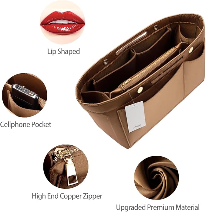 ZTUJO Purse Organizer Insert For Handbags, Silky Bag Organizer With 2 Zippers For Speedy Neverful Tote and More (Brown, Medium)