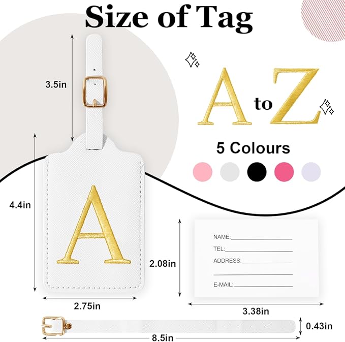 Personalized Initial Luggage Tags for Suitcases,Leather Letter Cute Luggage Tags with Privacy Name Card,Embroidered Monogrammed Travel Bag Backpack Tag Gifts for Women Kids Girls Teens(White-A)