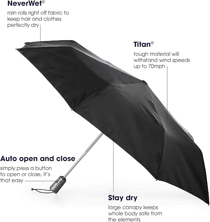 totes Titan Portable Travel Umbrella – Windproof, Waterproof, Strong, Compact Umbrella – Perfect for the Car, Backpack, and On-the-Go