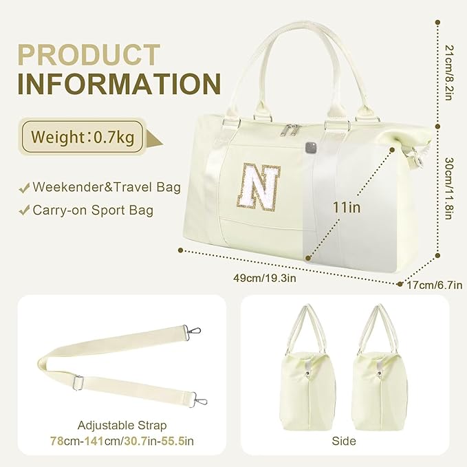 Dance Gym Duffel Bag for Teen Girls, Personalized Initial Travel Weekender Bag,Cute Overnight Carry On Duffle for Women,Sports Travel Cheer Bag,Monogram Christmas Gifts for Tween Preppy(beige-N)