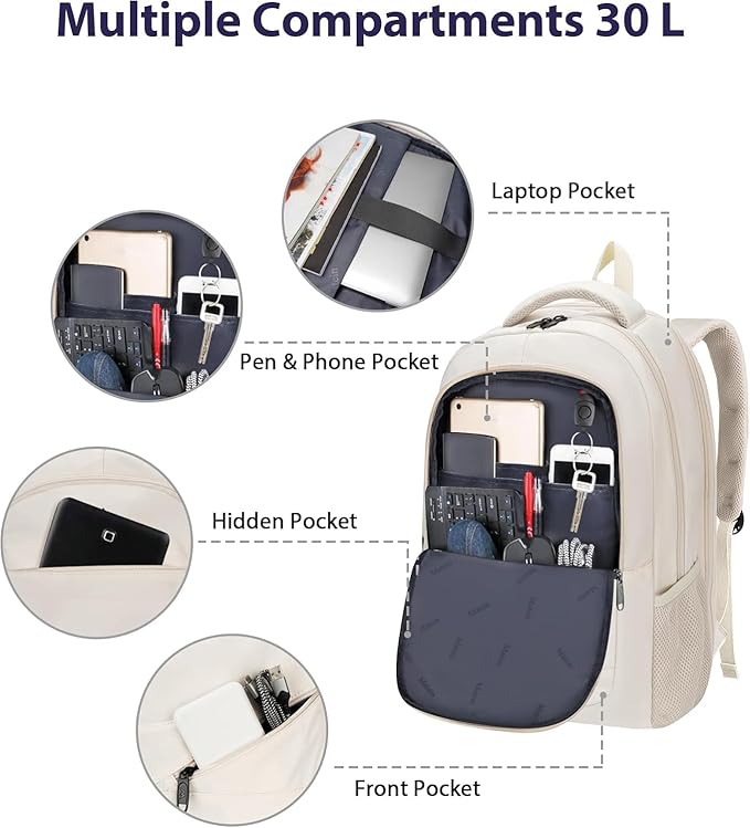 MATEIN Laptop Backpack Women Large Capacity, TSA Travel Backpack with Luggage Strap & Anti Theft Pocket, Water Resistant Teacher College Bookbag Fits 17 Inch Computer, Stylish Beige Work Daypack