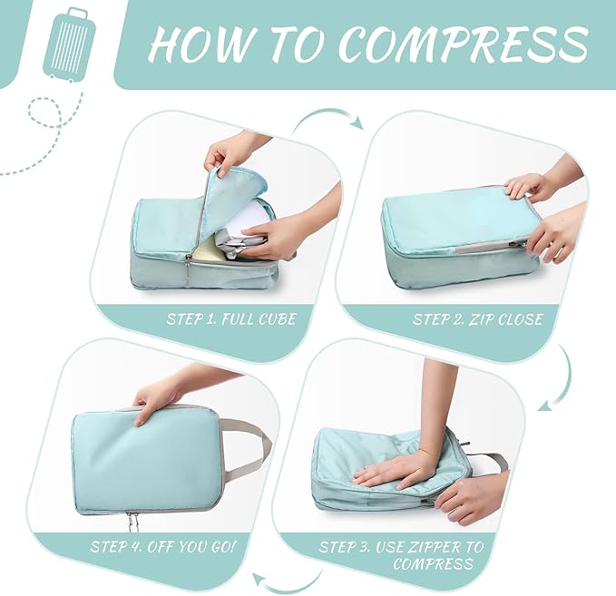 WOOMADA Compression Packing Cubes for Suitcases Travel Essentials 8 Set Expandable Travel Bags Organizer for Luggage(turquoise)