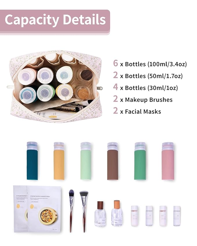 Narwey Cute Floral Makeup Bag Travel Cosmetic Bag Organizer Toiletry Bag Make Up Bags with Compartments for Women Girls (Pink Flower Buds, Large)