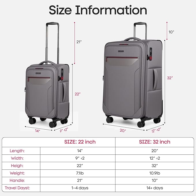 2PCS Set（22in/32in）Softside Luggage Sets w/ Spinner Wheels,Expandable 20% Luggage w/TSA LOCK,Upright Spinner Softshell,Lightweight Durable Rolling Travel Luggage Set for Men/Women（Grey,22in/32in）
