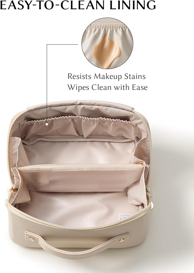 EACHY Travel Makeup Bag, Large Capacity Cosmetic Bag for Women, Waterproof PU Leather, Flat Open Portable Toiletry Bag for Skincare, Brushes & Travel Essentials