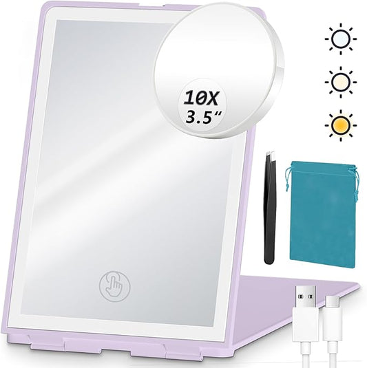 Travel Makeup Mirror with Lights Valentines Day Gifts for Her, Girlfriend, Wife, Birthday Gifts Rechargeable Portable Folding Compact LED Mirror Set with Tweezer 3 Color Light Modes-Purple