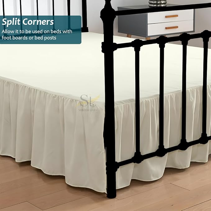 Shreem Linen Ruffled Bed Skirt with Split Corners, Gathered Style, 100% Microfiber, 24-Inch Drop, Dust Ruffle Bedskirt with Platform, King, Ivory