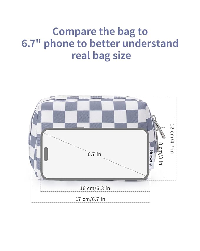 Narwey Small Checkered Makeup Bag for Purse Mini Cosmetic Bag Travel Makeup Pouch Zipper Pouch Cute Make up Bags with Compartments for Women Girls (Grayish Blue Checkerboard, Small)