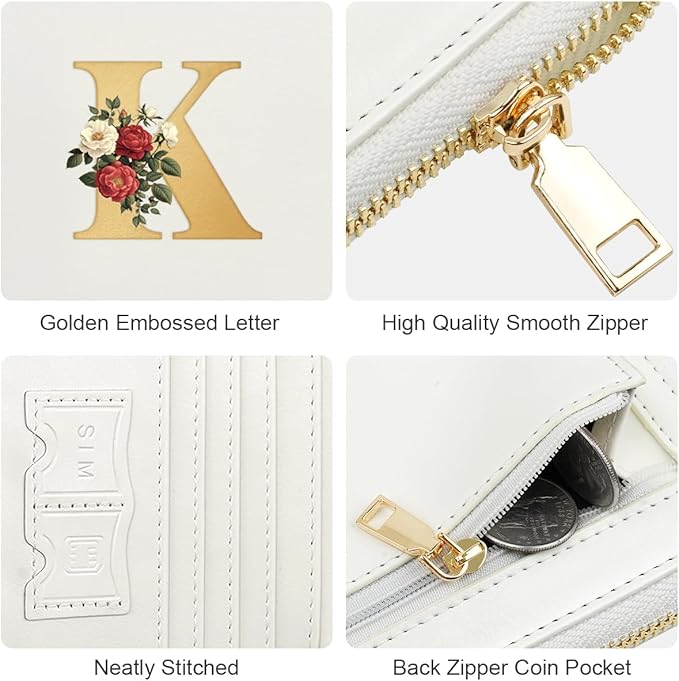 Passport Holder for Travel Personalized Passport Holder Initial Letter Rose Flower RFID Blocking Travel Wallets Credit Cards Holder for Women Men, White K