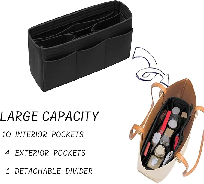 DailyPlus Felt Bag Organizer Insert - Pursue or Tote - 14 Pockets - Black Slender Medium