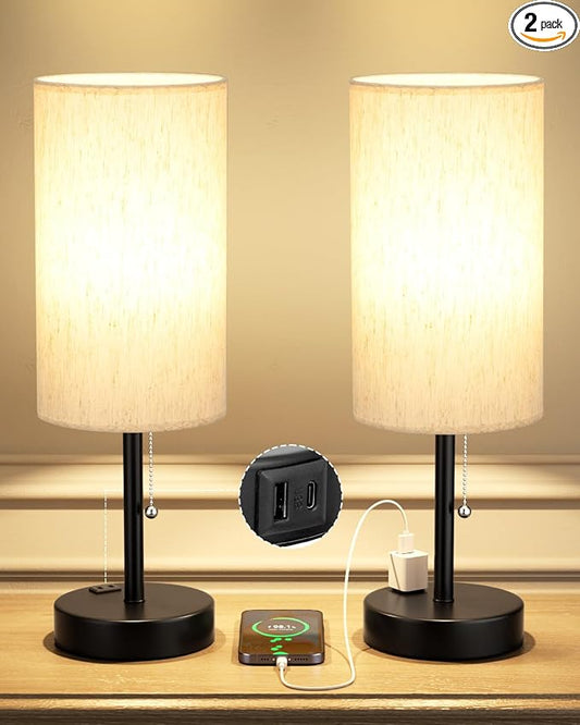 17.4" Cream Bedside Table Lamps Set of 2 - Bedroom Lamp, USB C+A, AC Outlet | 3CCT(3000/4000/5000K), LED Bulbs Included, Cream Fabric Lampshade, 17.4in Large Lamp for Nightstand, Living Room, Dorm, Desk