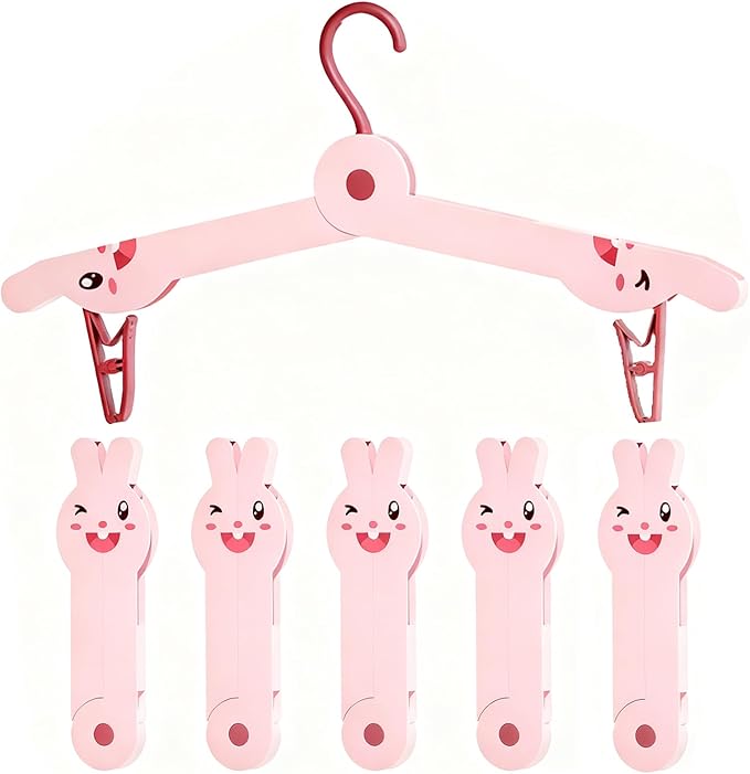 5-PCS Cute Bunny Shape Folding Clothes Hanger, Plastic Foldable Hanger for Travel, Space-Saving Closet Organizer for Adults, Portable Rabbit Design Hangers for Laundry and Wardrobe Storage
