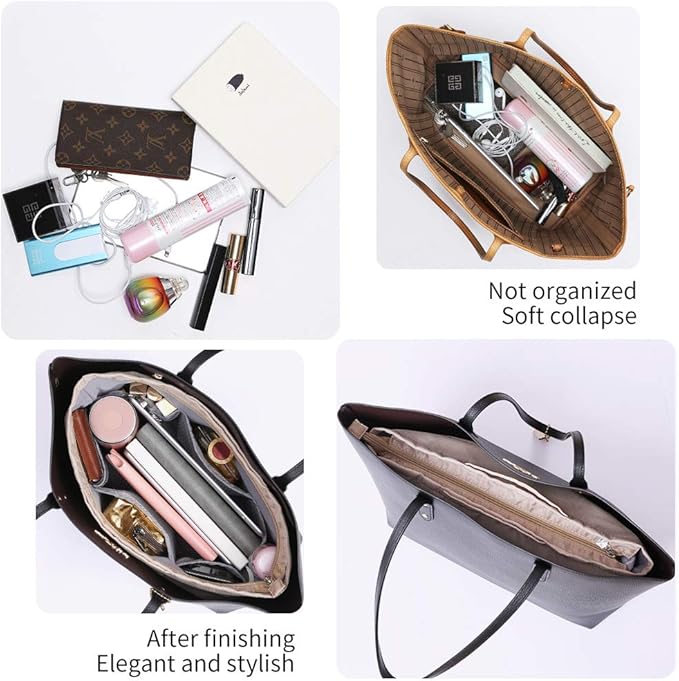 iN. Purse Organizer Insert with zipper Nylon fabric for women Handbags & Totebag beige Size: Large: 15.7"(Top)/12.2"(Bottom) L × 4.9"W × 10"H