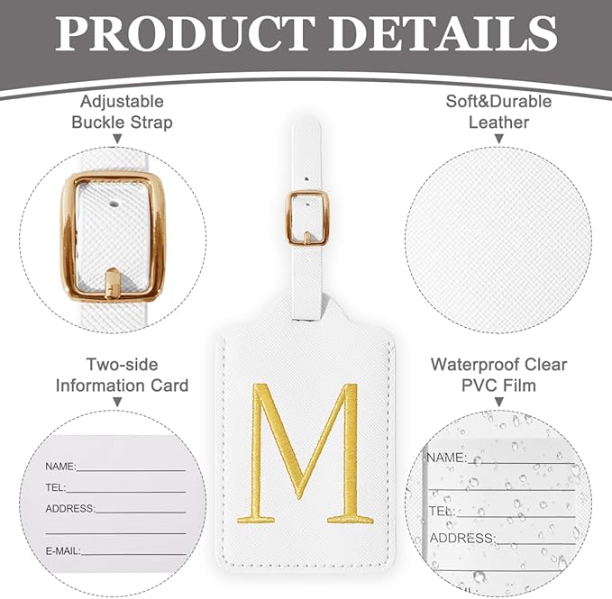 Personalized Initial Luggage Tags for Suitcases,Leather Letter Cute Luggage Tags with Privacy Name Card,Embroidered Monogrammed Travel Bag Backpack Tag Gifts for Women Kids Girls Teens(White-M)