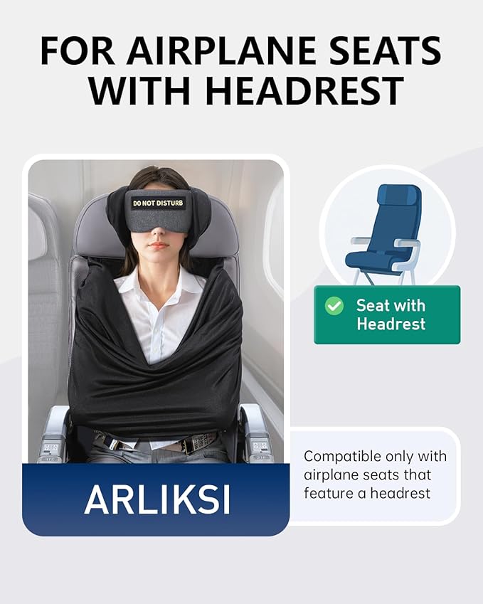 Travel Pillow and Blanket Set, Compact Airplane Pillow Bag with Eye Mask for Long Flights Sleeping, 360° Support Head Strap Travel Essentials for Plane Car Sleep Neck Upright, Stop Bobblehead (Grey)
