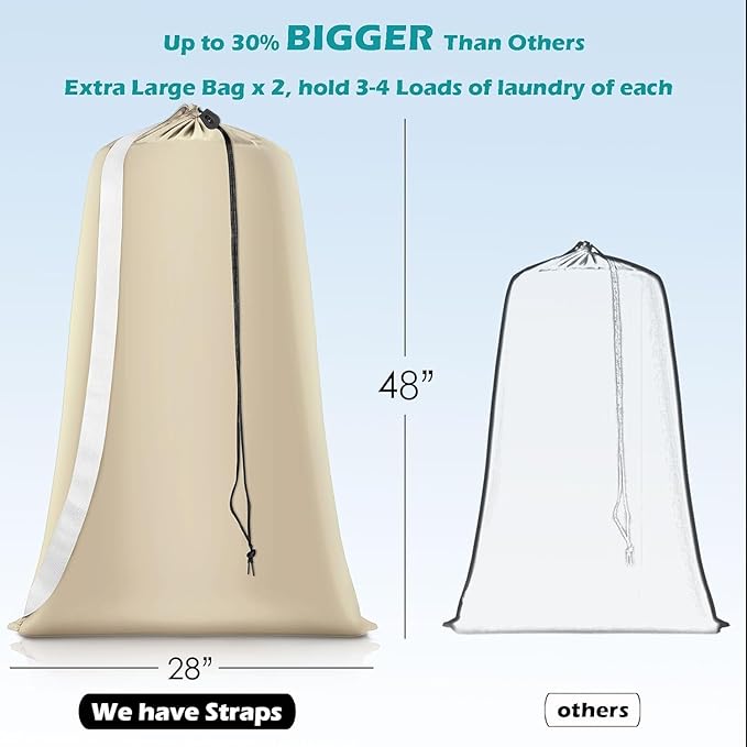 Heavy Duty Laundry Bag 2 Pack XL Nylon Laundry Bags with Straps, Washable Large Dirty Clothes Organizer with Drawstring Closure, Travel Washing Bag Fit a Laundry Hamper or Basket