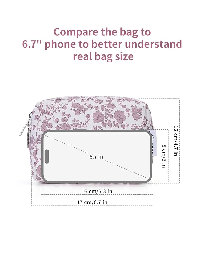 Narwey Small Cute Floral Makeup Bag for Purse Mini Cosmetic Bag Travel Makeup Pouch Zipper Pouch Cute Make up Bags with Compartments for Women Girls (Dusty Pink Flower, Small)