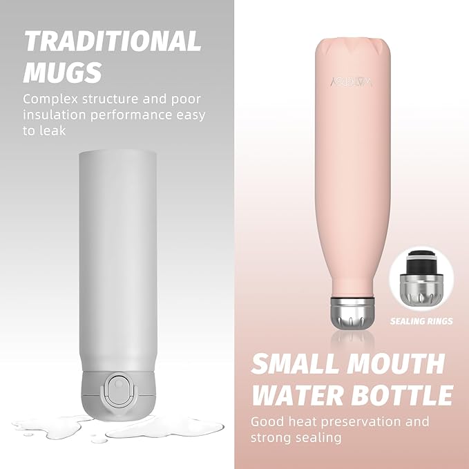WATERSY Stainless Steel water bottles,17oz/500ml Insulated Water Bottles,Pink metal water bottle Keeps Drink Cold and Hot,BPA Free kids water bottles for School,Gym,Travel,Sports