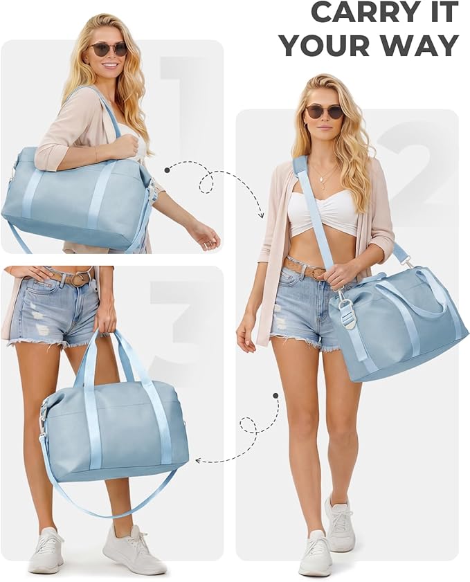 Percover Weekender Travel Duffel Bag for Women, Lightweight Soft-Structure 33L Carry-On, Water-Resistant Nylon with Shoulder Strap & Trolley Sleeve, Personal Item Friendly, Sky Blue