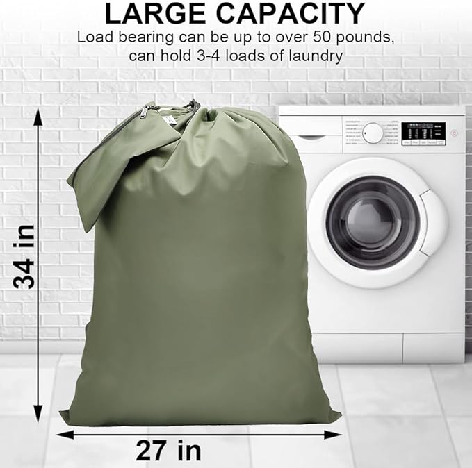 2 Pack Laundry Bag Backpack, 27” x 34”Sturdy Laundry Bag with Shoulder Straps Drawstring Closure Heavy Duty Foldable Laundry Backpack for College, Travel, Laundromat, Apartment (Army Green)