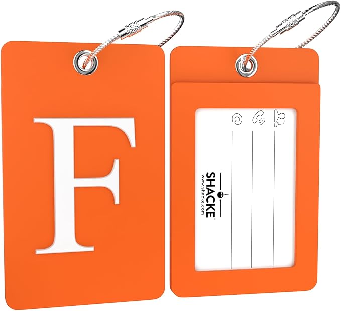 Shacke Luggage Tag Initial – Fully Bendable Tag w/Stainless Steel Loop - Orange (Letter F)