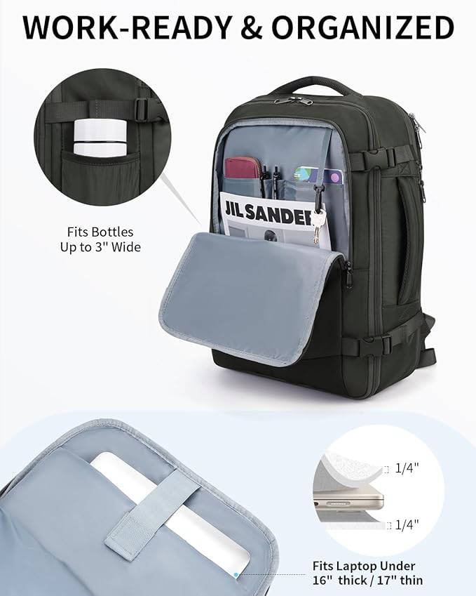 ECOHUB Carry On Travel Backpack, Expandable Airlines Personal Item Bag 18x14x8, Water Resistant 17 inch Laptop Backpack Flight Approved, 12 Pockets 30L Work Backpacks with Wet Pocket & Cable Slot