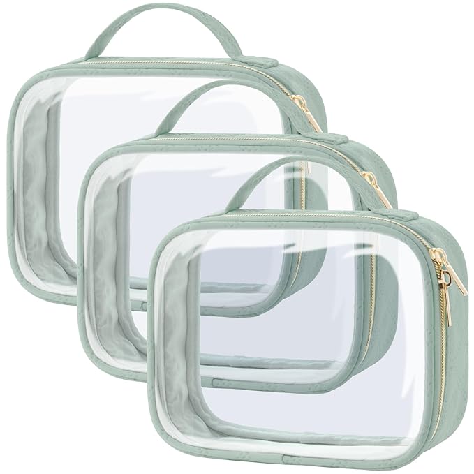 PACKISM TSA Approved Toiletry Bag 3 Medium, 3-1-1 Compliant Clear Makeup Bag with Handle, Quart Size Toiletry Bags Fit Carrv-on Travel Essentials, Water Resistant PVC, Laurel Green