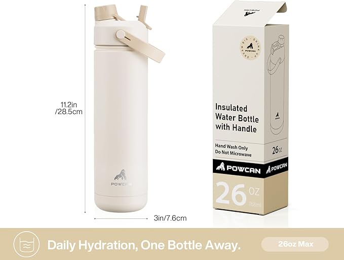 POWCAN 26 oz Insulated Water Bottle with 2-in-1 Straw and Spout Lid, Keep Cold 24H, Leak-Proof, Fits in Car Cup Holder, Stainless Steel Water Bottle for Sports, Gym, Travel, and School (Mousse)