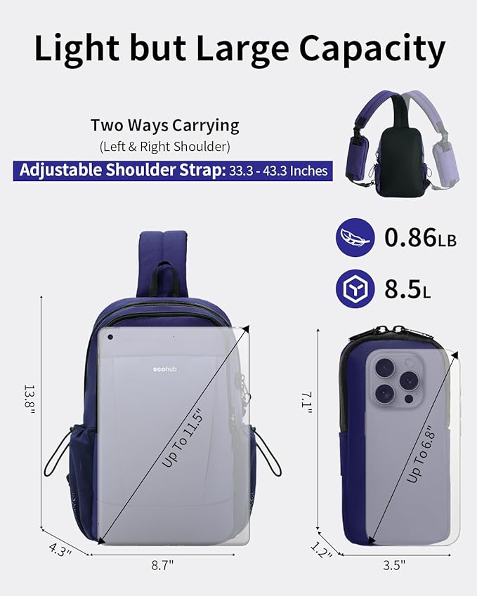 ECOHUB Anti-Theft Crossbody Bag Men Women, RFID Blocking Lightweight Sling Backpack Eco-Friendly with 9 Pockets Sturdy SBS Zippers Water Resistant for Travel Work Hiking Outdoor, Blue
