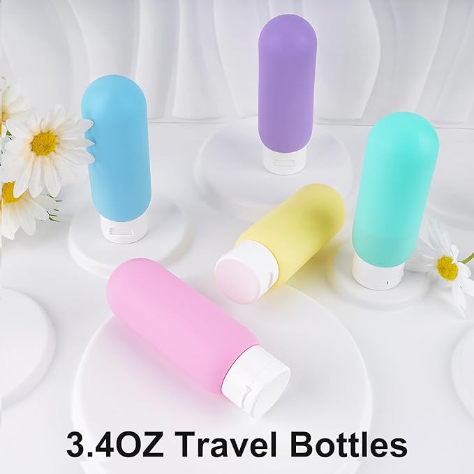 Cosywell Travel Bottles for Toiletries Travel Size Containers TSA Approved Toiletry Bottles Leak Proof Refillable Squeeze Bottle (D-3.4oz-colorful-round-5blank, Blue green yellow pink purple)
