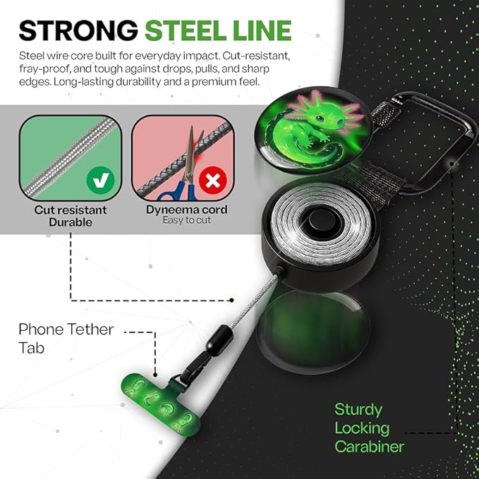 ClutchLoop Anti-Theft Phone Tether - Universal Adhesive Anchor, Retractable Steel Line and Locking Carabiner