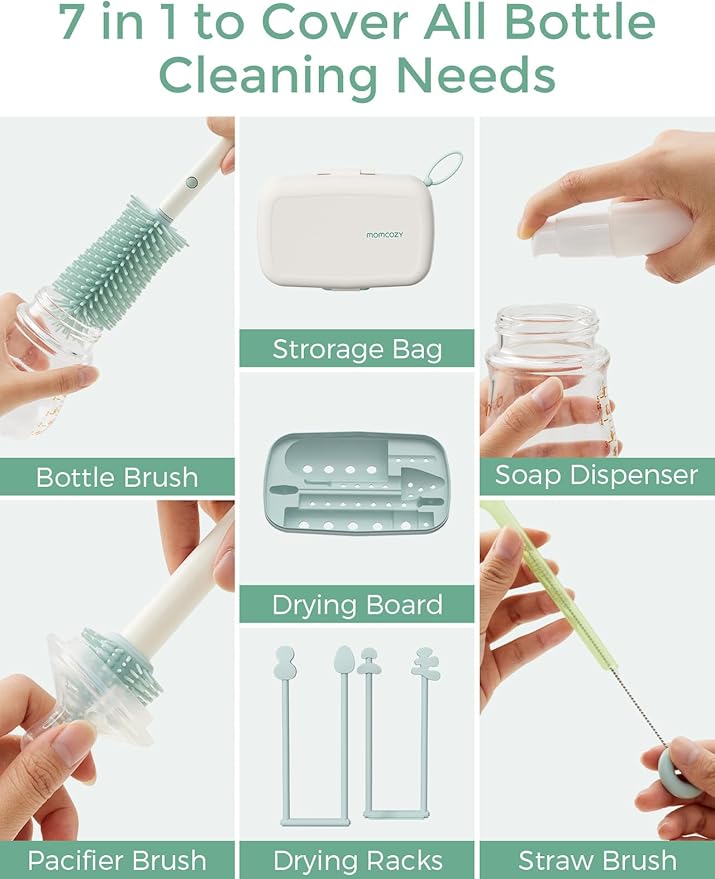 Momcozy Bottle Brush Set - Baby Bottle Cleaner Kit with Silicone Brush, Nipple Brush, Straw Brush, Soap Dispenser, Drying Rack - 7 in 1 Bottle Cleaning Tool for Home and Travel, Green