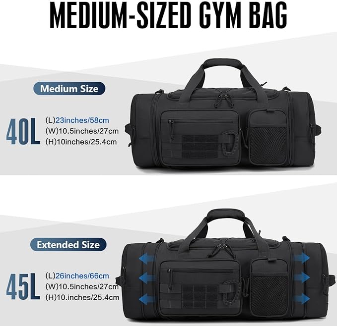 3 in 1 Tactical Gym Bag Backpack for Men 40-45L Expandable Travel Duffle Bag for Women Large Military Sport Duffel Bags Weekend Overnight with Shoe Compartment & Wet Pocket for Fitness, Black