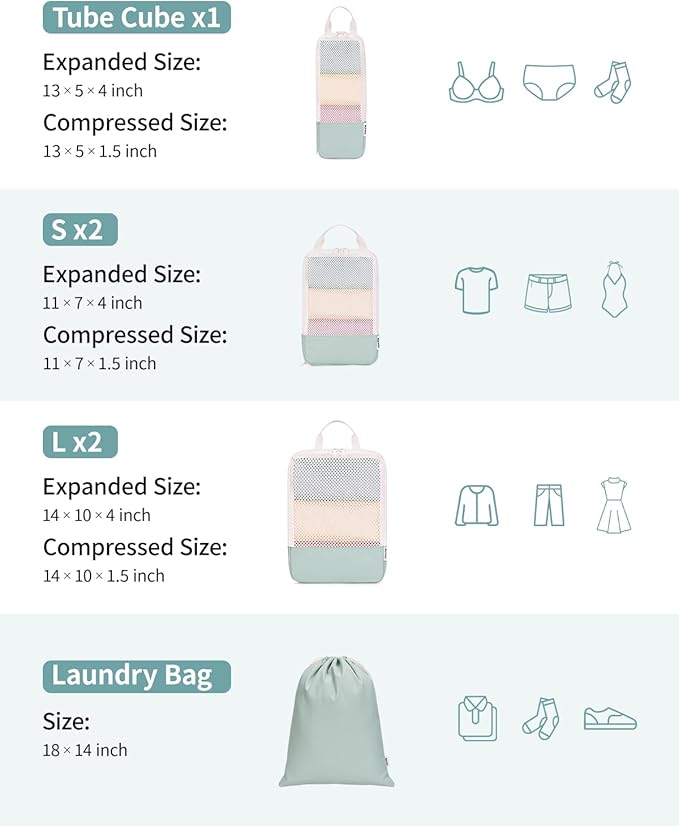 Narwey 6 Set/5 Set Compression Packing Cubes for Travel Kids Women Carry on, Packing Organizers Bag for Backpack Luggage Suitcase Duffle Bags