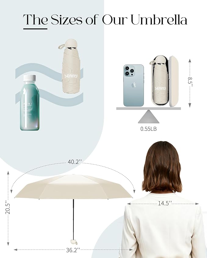 Seniny Mini Portable Travel Umbrella with Case - Compact Umbrellas for Rain & Sun UV Protection for Backpack Pocket, Lightweight Folding Small Umbrella, Tiny Purse Size UV Blocker for Kids Women Girls