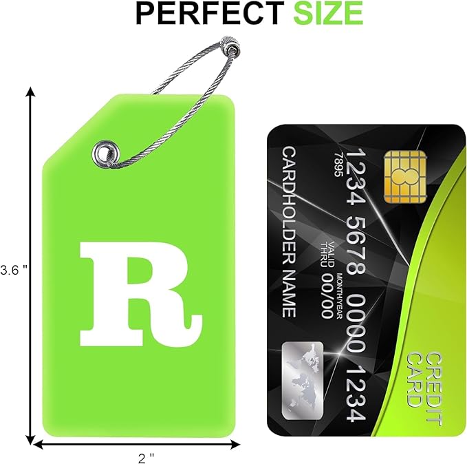 Gostwo 8 Pack Luggage Tags for Suitcases, 26 Initial Letter Travel Luggage Baggage Identification Labels ID Tags Fully Bendable Tags with Stainless Steel Loop (Letter R, Green)