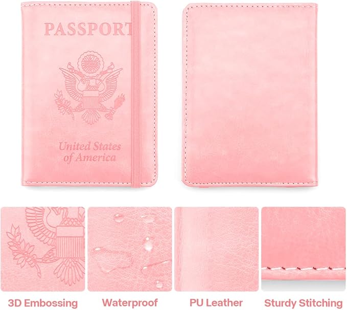 Passport Holder for Travel, 2 Pack Passport Cover, Waterproof Passport Wallet Leather Passport Holder Pen Holder Passport Holders for Women Men Family Travel Must Haves Essentials, Pink+Turquoise