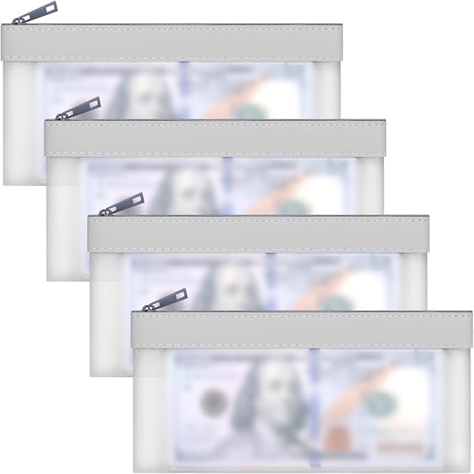 4 Pieces Money Bags With Zipper, Cash Bag,7.6 x 3.7 inch Money Pouch,Bank Bag, Coin Bag for Collectors,Clear Bank Deposit Bags,Multi-Purpose Check Wallet （Silver）