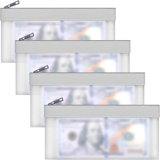 4 Pieces Money Bags With Zipper, Cash Bag,7.6 x 3.7 inch Money Pouch,Bank Bag, Coin Bag for Collectors,Clear Bank Deposit Bags,Multi-Purpose Check Wallet （Silver）