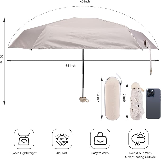 Mini Umbrella for Travel, Compact Folding Umbrella with Case, Lightweight 0.45lb Small Pocket for Backpack and Purse, Rain and Sun Protection - UPF 50+ Windproof Travel Umbrella Compact Mini for Outdoor Use