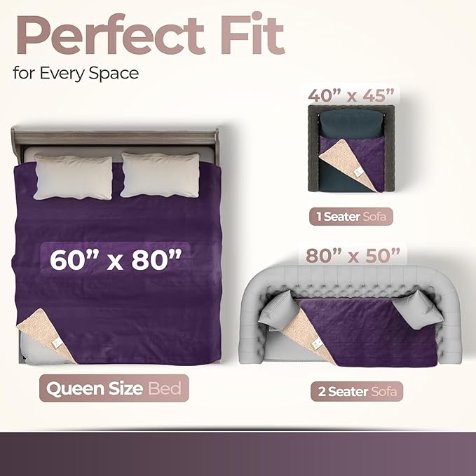 Sacred Weapon Waterproof Blanket for Bed – Mini Sherpa & Fleece Throw – Waterproof Blanket for Couch Cover & Mattress Protector, Absorbent, Washable, Spill Proof – Travel Blankets (Purple, 40x45)