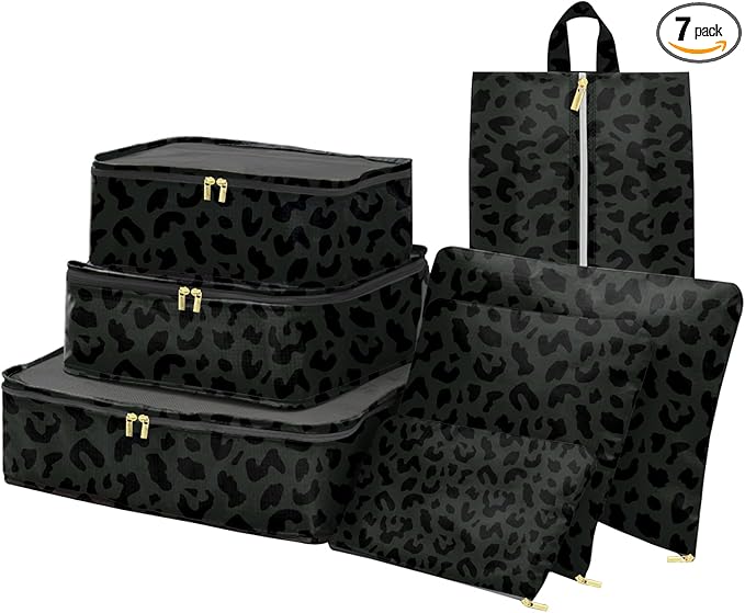 7 Set Packing Cubes Travel Luggage Organizers for Suitcase Travel Accessories with Shoe Bag for Women Girls Aesthetic Cute-Black Leopard Cheetah Pattern