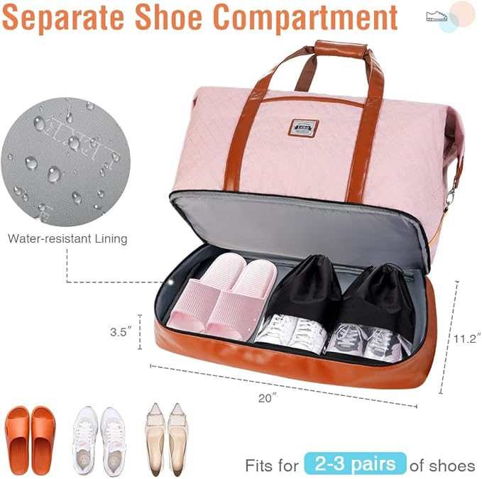 Weekender Bags for Women, Travel Duffle Bag Carry On Travel Bag Overnight Bag with Shoe Compartment Toiletry Bag, Large Weekend Tote Bag Gym Bag Hospital Bag for Labor and Delivery, 50L Quilted Pink